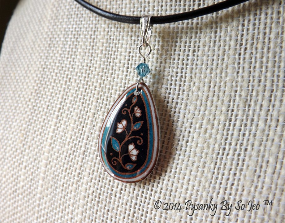 Turquoise and Black Spring Vines Teardrop Necklace Pysanky Jewelry by So Jeo